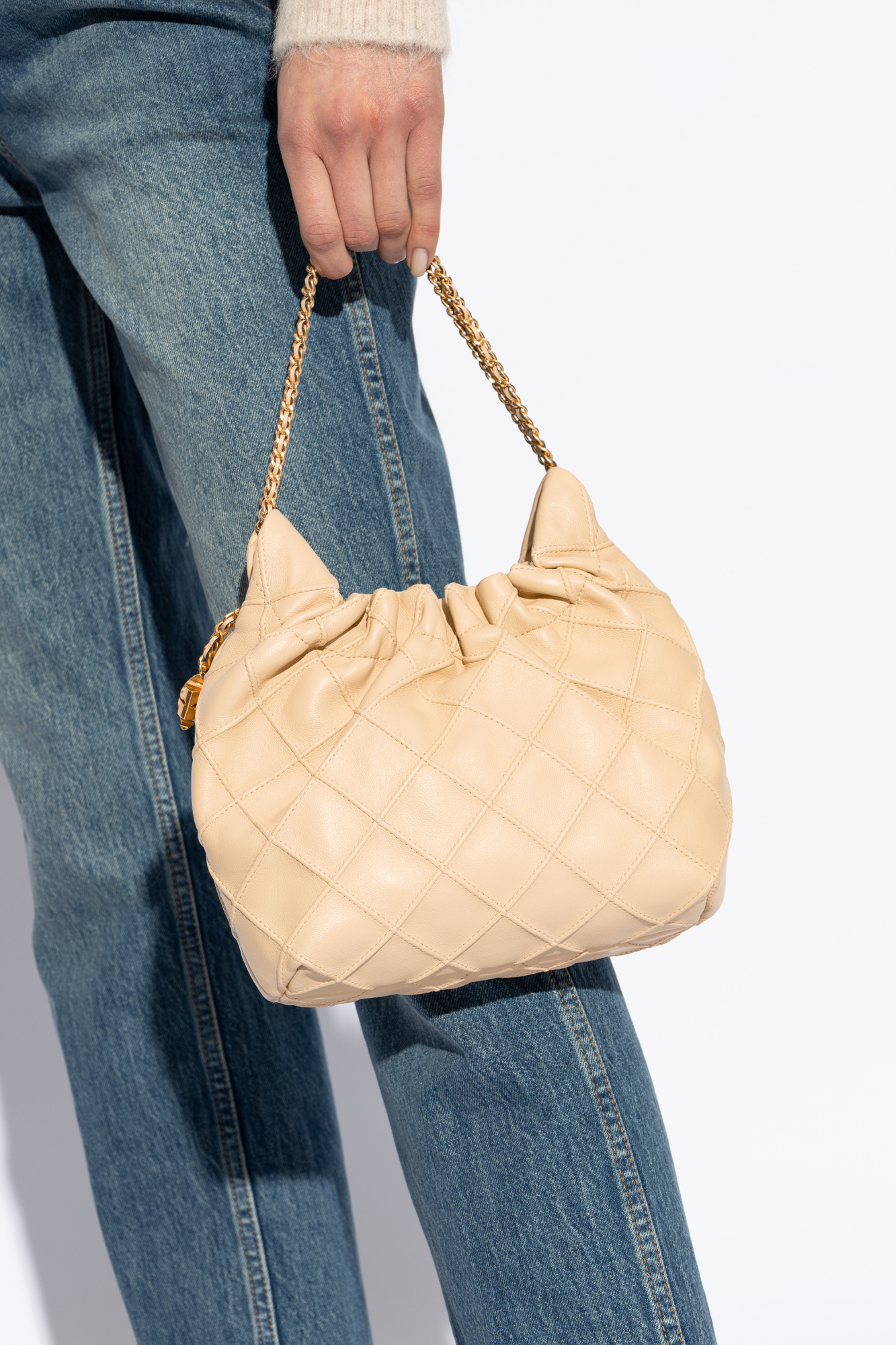 トートバッグ TORY BURCH Beige Leather Mini Fleming Handbag Mini Fleming Soft Hobo Bag: Women's Designer Crossbody Bags